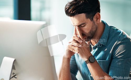 Image of Business man with headache, burnout and computer problem with anxiety, crisis and brain fog in office. Stress, fatigue and frustrated worker at desktop pc for mistake, online glitch and tired of risk