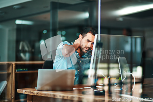 Image of Business man, phone call and stress at computer in office for mistake, problem and anxiety of fail, error or bad news. Frustrated, confused and worried worker talking on telephone, desktop and crisis