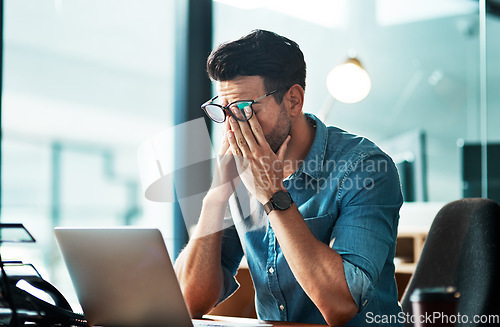 Image of Headache, stress and tired business man at laptop in office for anxiety, debt crisis and eye strain problem. Burnout, fatigue and worker at computer with pain, brain fog and frustrated with mistake