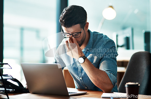 Image of Eye pain, headache and business man at laptop with anxiety, mental health problem and brain fog. Tired, frustrated and stress of worker at computer with fatigue, burnout and crisis of mistake online