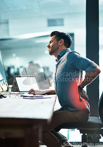 Image of Red back pain, stress and business man with muscle injury, health risk and fatigue in desk chair. Uncomfortable employee with spine problem, bad posture and injured body from anxiety, burnout or sick