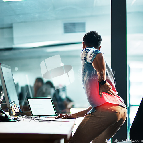 Image of Back pain, injury and business man at desk with red muscle, health risk and fatigue in office. Uncomfortable employee with spine problem, bad posture and injured body with glow of burnout from stress