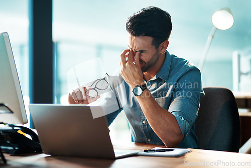 Image of Eye strain, headache and business man at laptop with stress, mental health problem and brain fog. Tired, frustrated and confused worker at computer with fatigue, burnout and pain of vertigo in office