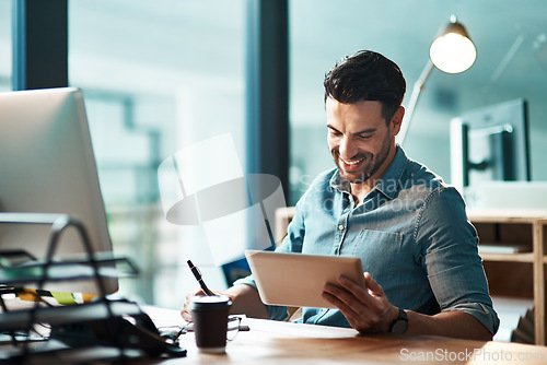 Image of Business man, tablet and writing notes in office for planning, connection and internet research in agency. Happy male worker, digital technology and strategy for online information, insight and app