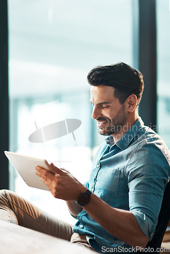 Image of Business man, tablet and smile in office for planning, connection or internet research in mockup agency. Happy male worker, digital technology and developer of online information, insight and iot app