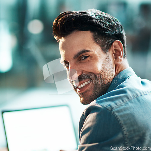 Image of IT man, face and smile for portrait in office with confidence, and commitment to company business. Happy male entrepreneur working in startup agency with pride, professionalism and motivation