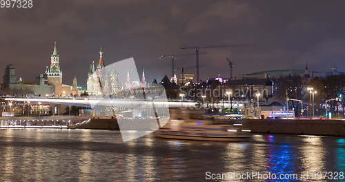 Image of Sunny summer day moscow river bay kremlin night