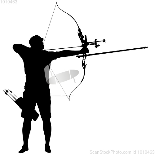 Image of Silhouette attractive male archer bending a bow and aiming in the target