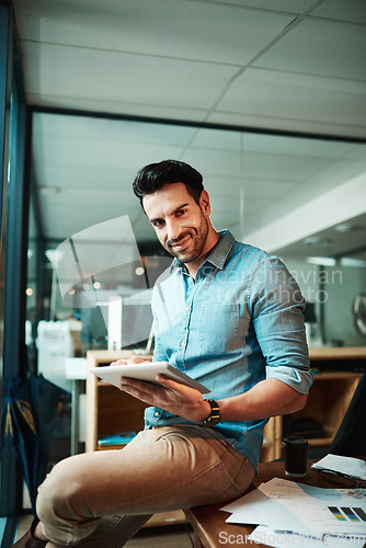 Image of Portrait of happy man, tablet and office for planning, data update and internet research in business. Young male employee, digital technology and strategy for online information, insight and iot app