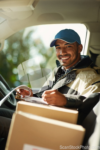 Image of Writing, delivery and checklist with portrait of man in van for courier, logistics and shipping. Ecommerce, export and distribution with male postman in vehicle for mail, package and cargo shipment