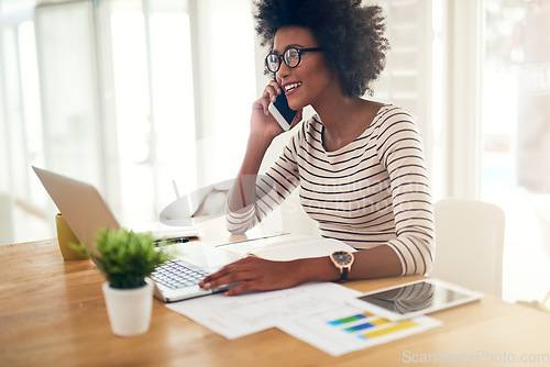 Image of Phone call, laptop and black woman accountant talking financial company or startup strategy in home office. Cellphone, happy and entrepreneur or employee planning graph results doing remote work