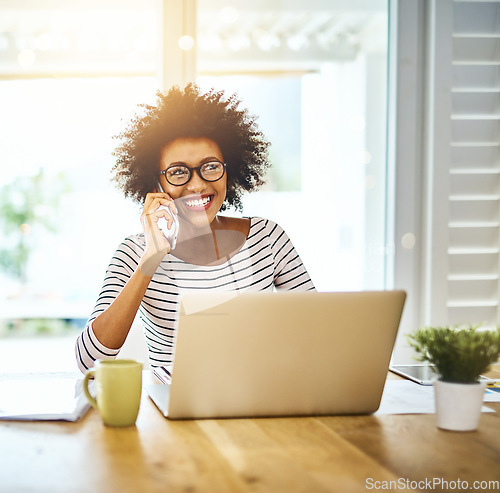 Image of Phone call, laptop and black woman talking to contact and networking for startup business or company in a home office. Cellphone, freelance and entrepreneur or employee planning for remote work
