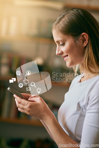 Image of Icon, smile and woman with a smartphone, typing and connection for social media, communication and sms. Female person, network and girl with happiness, texting and digital chatting with a contact