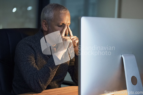 Image of Night, office and stress headache by senior man on computer with problem crisis or internet glitch. Migraine, burnout and frustrated elderly male person working late on deadline, 404 or business fail