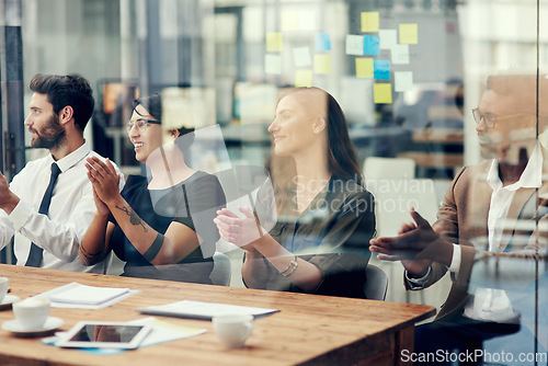 Image of Business meeting, applause and people cheering n support of presentation, results or target success. Creative, team and clapping hands in conference for congratulations, well done and development