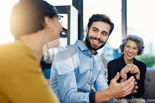 Image of Planning, marketing and business people in a meeting, conversation and creative collaboration in modern office. Work, friends and person team in teamwork discussion for vision, strategy and goal