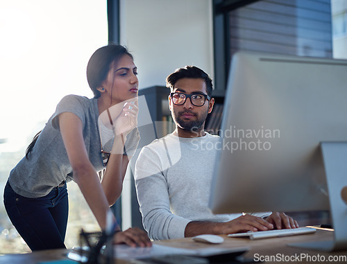 Image of Advice, thinking and business people with a computer for training, strategy and collaboration. Confused, ideas and employees working on an online project with a pc for planning and problem solving