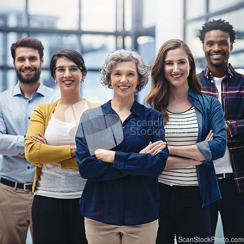 Image of Team, leadership and portrait of woman with crossed arms in office for teamwork and collaboration. Happy, diversity and group of corporate employees standing with manager with confidence in workplace