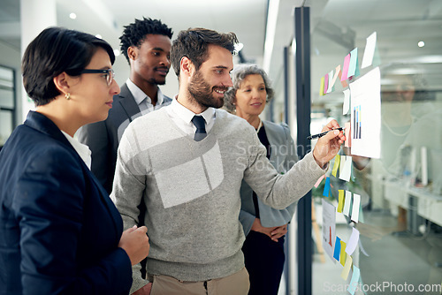 Image of Business people, team and glass board with writing, brainstorming and talking for solution, ideas and goals. Group, moodboard and focus with leadership for proposal, project or teamwork in workplace