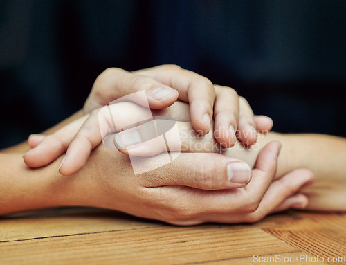 Image of Closeup, healing and holding hands with love, trust and hope in a crisis, empathy and support. Zoom, people and friends with palms touching, peace and partnership with help, gratitude and kindness