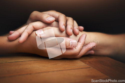 Image of Closeup, love and holding hands for support, comfort and care with grief, loss and empathy. Zoom, people and friends with compassion, sympathy and healing with bonding, hope and trust with crisis