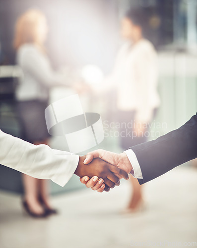 Image of Deal, shaking hands and colleagues in office for partnership, corporate meeting or interview. Collaboration, team and closeup of business people with handshake for greeting or welcome in a workplace.