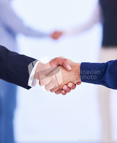 Image of Handshake, partnership and business people with deal, collaboration or agreement. Shaking hands, cooperation and employees with opportunity, acquisition or b2b negotiation, congratulations and mockup