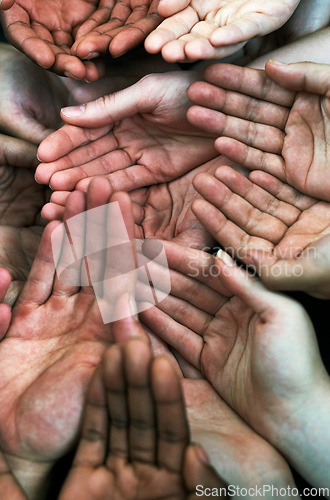 Image of Open hands, diversity group and together with community, solidarity and support. Trust, faith and charity hands gesture with people and collaboration with crowd show palm and society and commitment