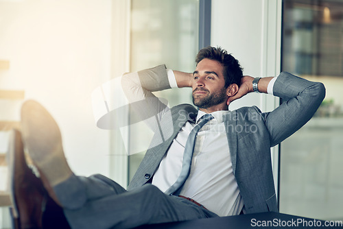 Image of Relax, stretching and businessman with hands behind his head after finished project in the office. Rest, calm and happy professional male employee on a break with a success task in the workplace.