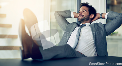 Image of Rest, confidence and businessman with hands behind his head after finished project in the office. Relax, calm and happy professional male employee on a break with a success task in the workplace.