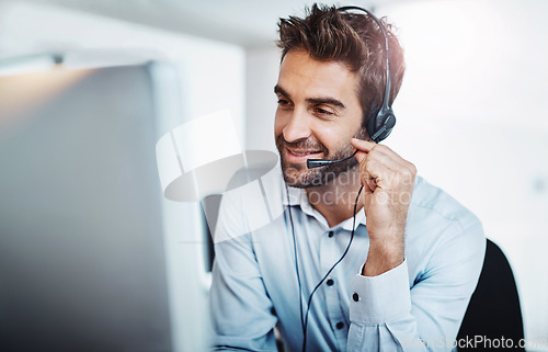 Image of Telemarketing, customer service and man with communication, call center and service with help. Male person, employee and consultant with headphones, conversation and tech support in the workplace