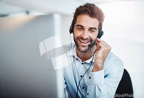 Image of Telemarketing, agent and man with a smile, call center and conversation with advice, help and customer service. Male person, happy employee and consultant with headphones, tech support and connection