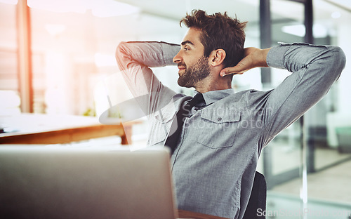 Image of Relax, smile and laptop with business man in office for break, thinking and planning. Technology, internet and email with male employee in startup company for professional, connection and idea