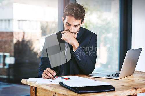 Image of Business man, documents and thinking of accounting, financial report or budget solution, revenue and spreadsheet. Idea, problem solving and accountant or person with paperwork, taxes or data analysis