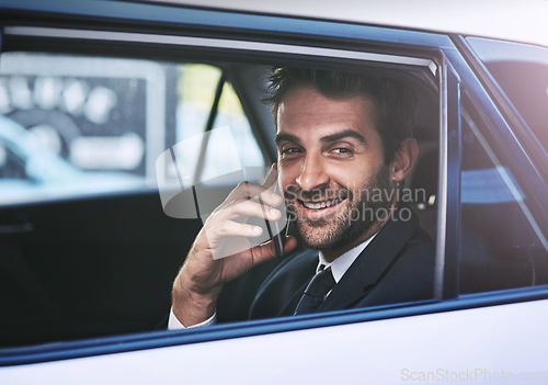 Image of Phone call, smile and business man in car, travel or listening on journey in transport. Cellphone, taxi and male professional calling, happy and communication, discussion or conversation with contact