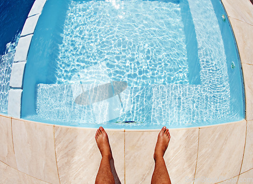 Image of Swimming pool, man and above feet outdoors for training, relax and summer fun while on vacation. Top view, water and barefoot male standing at the poolside for swim, workout or routine practice