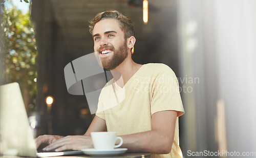 Image of Coffee shop laptop, typing and happy man think of freelance blog inspiration, online retail review or cafe idea. Thinking, restaurant and small business owner, customer or person smile for store plan