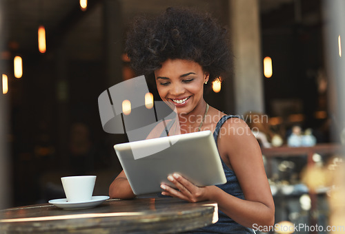 Image of Coffee shop store, tablet and happy woman reading online blog story, positive customer experience review or service feedback. Cafe manager, freelance blog or person smile for restaurant sales revenue
