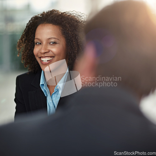 Image of Business meeting, portrait of businesswoman smile and with colleagues at office. Corporate or consulting, happy and communication or collaboration with black female person with coworkers at workplace