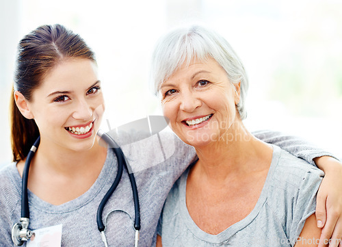 Image of Retirement, happy portrait of caregiver and old woman in nursing home, trust and support in healthcare. Senior care, nurse visit and healthy elderly patient with happiness and doctor smile on face.