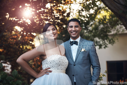 Image of Portrait, happy and couple for wedding and celebration in the garden to celebrate their commitment. Marriage, man and woman in outdoor together with happiness for celebration with love and smiling.