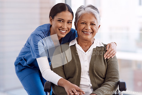 Image of Portrait, healthcare or disability with a nurse and old woman in a wheelchair during a nursing home visit. Smile, medical or retirement with a happy female medicine professional and senior client