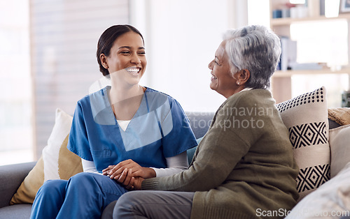 Image of Retirement, sofa and caregiver with senior woman for conversation, chatting and support in living room. Healthcare, nursing home and female nurse with elderly patient for wellness, comfort and help