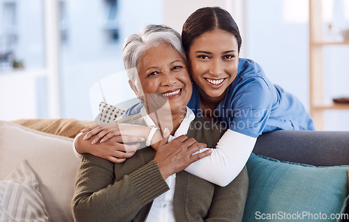 Image of Portrait, smile and nurse hug old woman in retirement house, bonding and medical care. Face, hugging and elderly person with caregiver in nursing home on living room sofa for health, support or help.