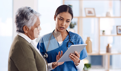 Image of Telehealth, senior woman or doctor with digital tablet, consultation or planning treatment for cure. Female person, employee or medical professional with a patient, women or technology for healthcare