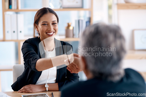 Image of Business, staff and women shaking hands, collaboration and negotiation with advice, partnership and teamwork. Female person, coworkers and client with a consultant, handshake and meeting for teamwork