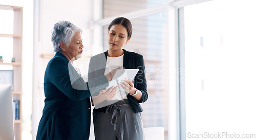 Image of Teamwork, mentor and business women with tablet for discussion, cooperation and planning. Technology, collaboration and senior manager with female analyst for strategy, training and coaching mockup.