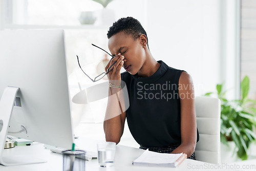 Image of Stress, headache and black woman on computer in office with anxiety, pain and audit crisis. Burnout, vertigo and African person frustrated or tired with business fail, eye strain or bad fatigue