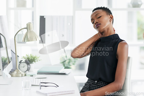 Image of Business, stress and black woman with neck pain in office with worry, crisis and tension. Burnout, injury and African female person with anxiety, body or spine problem while working online