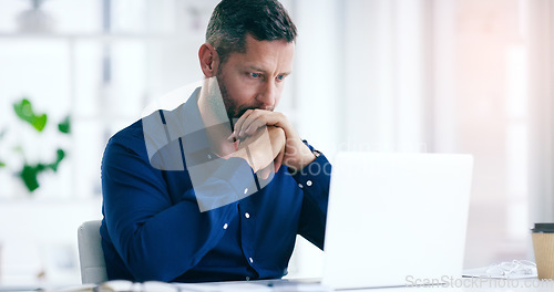 Image of Stress, thinking and laptop with a business man looking confused while working on a project or proposal in his office. Problem solving, idea and computer with a male employee in doubt at work